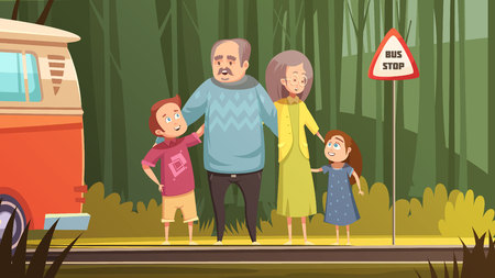 Family retro cartoon composition with grandparents and grandchildren waiting transport on bus stop outdoor flat vector illustrationのイラスト素材