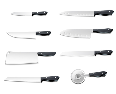 Isolated realistic knives icon set with sharp blades for pizza meat bread fish vector illustrationのイラスト素材