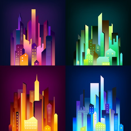 Night city downtown skyscrapers and business center edifices in colorful illumination lights 4 icons square poster vector illustrationのイラスト素材