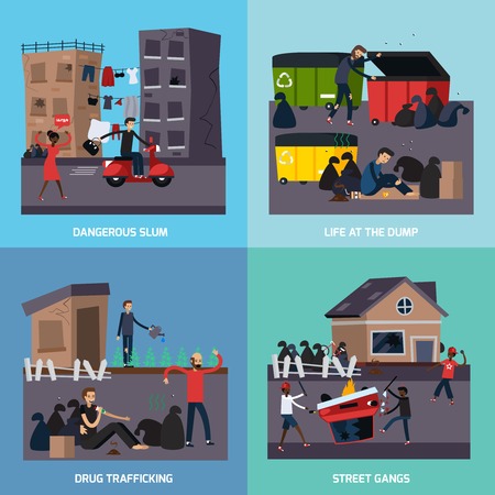 Four square flat ghetto slum icon set with dangerous slum street gangs drug trafficking descriptions vector illustrationのイラスト素材