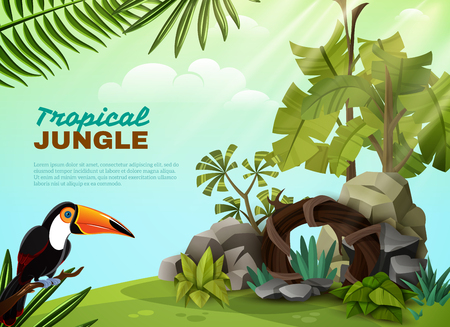 Tropical jungle landscape design composition with rock garden elements toucan bird and plants background poster vector illustrationのイラスト素材