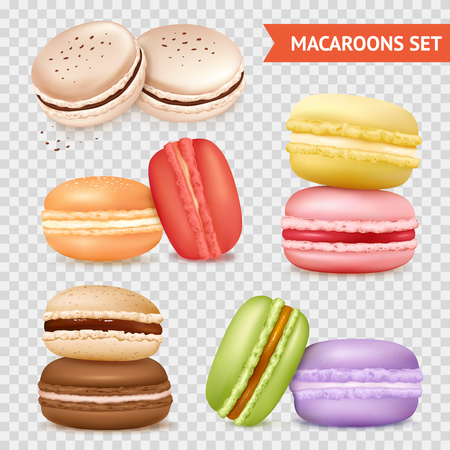 Isolated macaroons images set on transparent background with groups of two almond cakes of different colour vector illustrationのイラスト素材