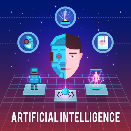 Artificial intelligence illustration with cyborg face hi-tech icons and robotic figures on stellar background vector illustration.のイラスト素材
