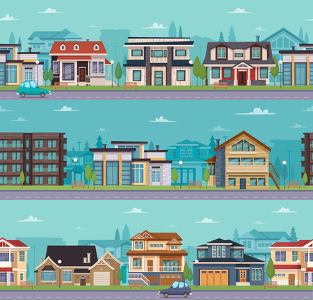 A Seamless cityscape template with suburban houses and cottages of different construction vector illustration.のイラスト素材