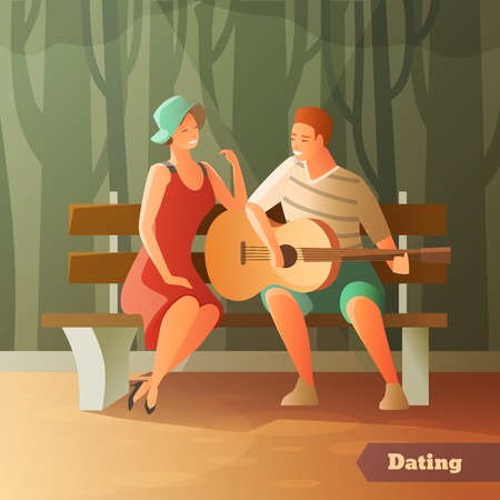 Romantic dinner dating couples flat composition with sweetheart characters sitting outdoors on wooden bench with guitar vector illustrationのイラスト素材