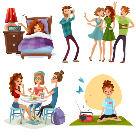 Young woman nonworking day off with friends and yoga for energy boost 4 cartoon icons vector illustration.のイラスト素材