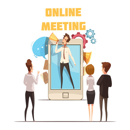 Online meeting concept with smartphone screen and people cartoon vector illustrationのイラスト素材