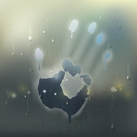Colored hand on misted glass realistic composition with rain stains and handprint on the window vector illustrationのイラスト素材
