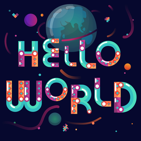 Latin alphabet cartoon constructor astronomical world poster with earth globe planets on black background abstract vector illustrationのイラスト素材