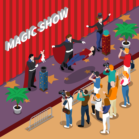 Magic show of illusionists on stage including master of levitation reporters with cameras isometric vector illustrationのイラスト素材