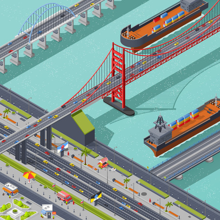Bridges isometric composition with city traffic road and ships vector illustrationのイラスト素材