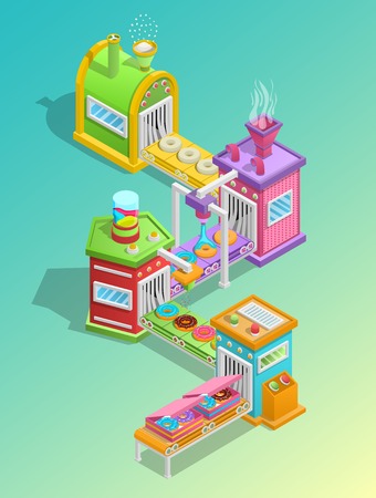Confectionery factory cartoon concept with donuts and sweets production symbols vector illustrationのイラスト素材