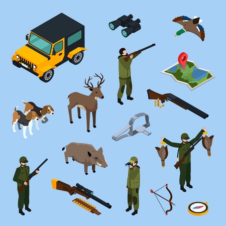 Colored and isolated hunting isometric icon set with attributes equipment and means of transport vector illustrationのイラスト素材