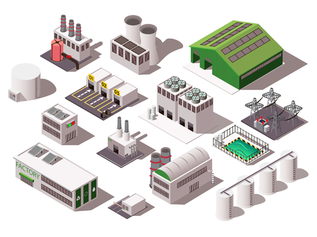 Colorful isometric set with various factory buildings isolated on white background 3d vector illustrationのイラスト素材