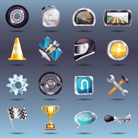 Auto racing icons set with car parts, service tools, flag, trophy on grey background isolated vector illustrationのイラスト素材