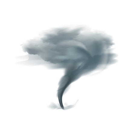 Tornado twirling twister spinning into cloudy sky in black grey shades on white background realistic vector illustrationのイラスト素材
