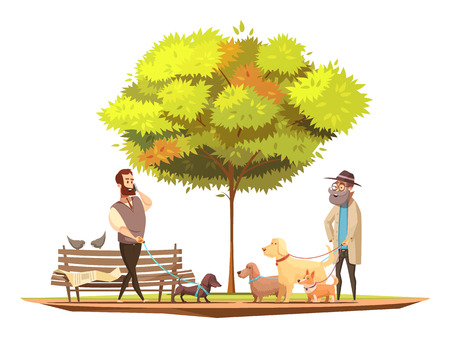 Dog owner concept with walking in the park symbols  cartoon vector illustrationのイラスト素材