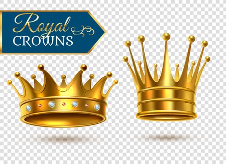 Royal gold crowns 2 shining  realistic images set on transparent background closeup shadows isolated vector illustrationのイラスト素材