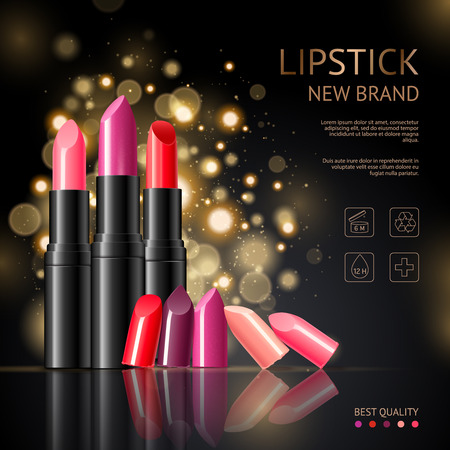 New lip care makeup luxury brand products advertisement poster with realistic red shades lipsticks background vector illustrationのイラスト素材