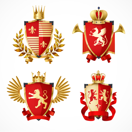 Heraldic coat of arms on shields realistic set isolated vector illustrationのイラスト素材