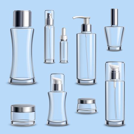 Cosmetics skincare glass empty package samples assortment realistic set wth spray bottles on blue background vector illustrationのイラスト素材