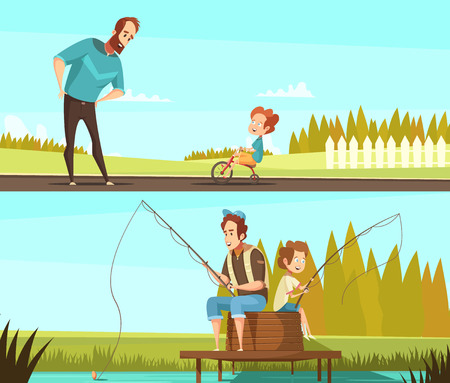 Fatherhood 2 retro cartoon outdoor activities banners with fishing together and little boy cycling isolated vector illustrationのイラスト素材