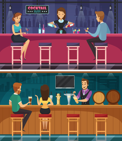 Cocktail bar cartoon horizontal banners with bar staff mixing drinks and young couple at bar rack flat vector illustrationのイラスト素材