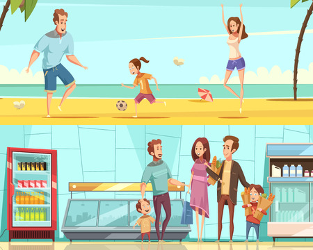 Family two horizontal  banners with adults and children making purchase in shop interior and resting on sea beach flat cartoon vector illustrationのイラスト素材