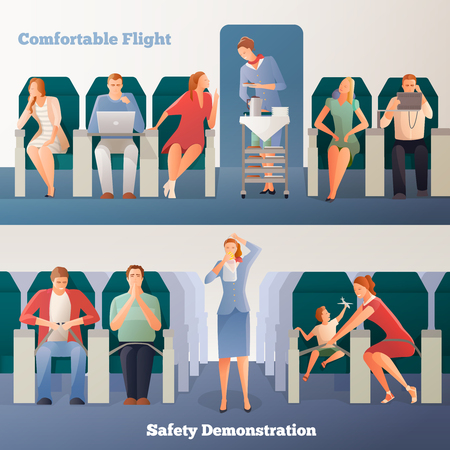 People in airplane horizontal banners with sitting passengers stewardess with drinks and safety demonstration isolated vector illustrationのイラスト素材