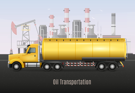 Yellow heavy truck with tank for oil transportation on background with refining factory realistic composition  vector illustrationのイラスト素材