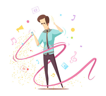 Man listening music with earphones and audio player design concept with note signs, treble clef vector illustrationのイラスト素材