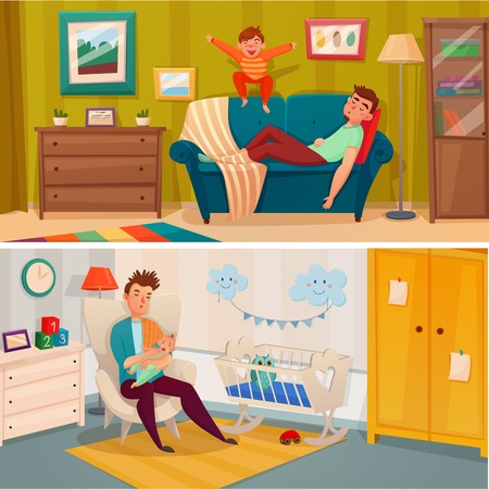 Two horizontal fatherhood banner set with what the parent treats the child concept vector illustrationのイラスト素材