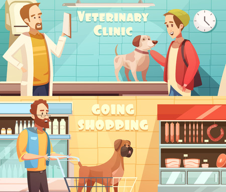 Dog horizontal banners set with veterinary and shopping symbols cartoon isolated vector illustrationのイラスト素材