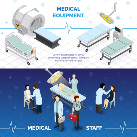 Medical equipment and medical staff horizontal banners with highly technological devices doctors and patients isometric vector illustrationのイラスト素材