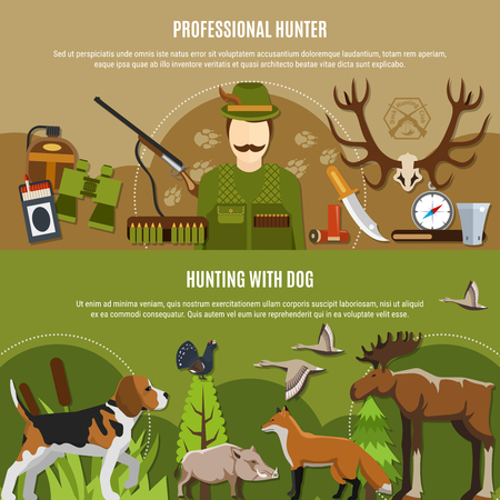 Professional hunter horizontal banners set with wild animals symbols flat isolated vector illustrationのイラスト素材