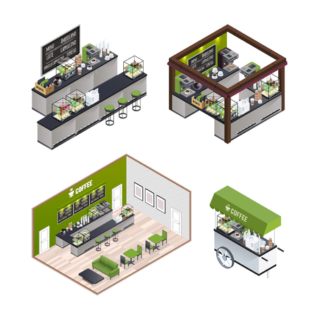 Isometric coffee shop isolated indoor interior compositions set with coffee house room mobile cafe street cart vector illustrationのイラスト素材