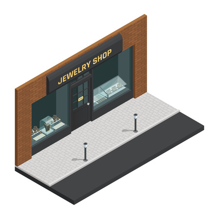 Isolated stylish colored jewelry shop isometric composition with storefront and shop sign vector illustrationのイラスト素材