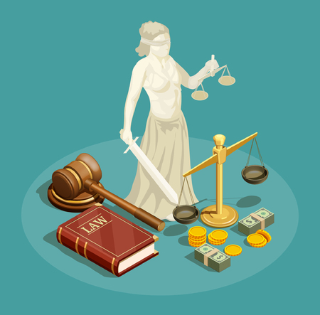Isometric design concept with statue of themis other symbols of law and justice and money 3d vector illustration.のイラスト素材