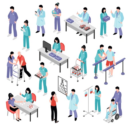 Docters physicians nurses physiotherapist and laboratory assistent attending patients in hospital isometric icons collection isolated vector illustrationのイラスト素材