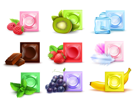Realistic set of scented condoms in colorful packages with fresh fruit mint chocolate isolated on white background vector illustrationのイラスト素材