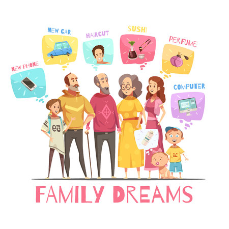 Family dreaming design concept with icons of big family members and their dreams decorative images flat cartoon vector illustrationのイラスト素材
