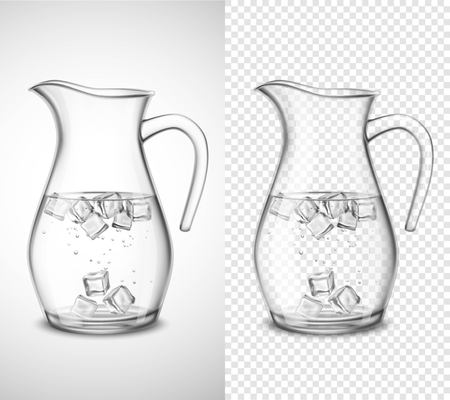Glass jug with water ice cubes and bubbles on white and transparent background isolated vector illustrationのイラスト素材