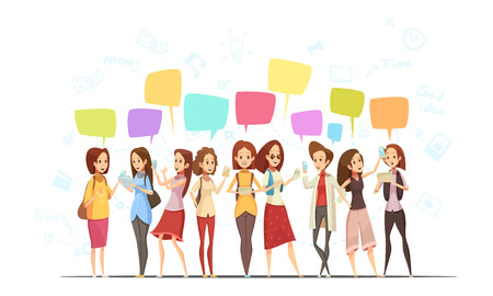 Teenagers girls characters communication online retro cartoon  poster with money symbols and chat messages bubbles vector illustrationのイラスト素材