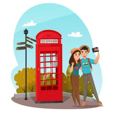 Composition with couple of smiling young travelers making selfie with red telephone box in summertime vector illustrationのイラスト素材
