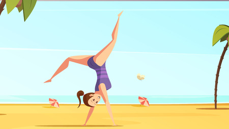 Sportswoman retro cartoon set with doodle style female character doing handstand on tropical beach landscape background vector illustrationのイラスト素材