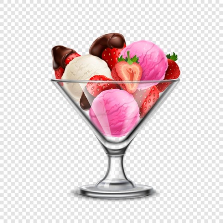 Colored ice cream in transparent glass bowl with fruits on transparent background vector illustrationのイラスト素材