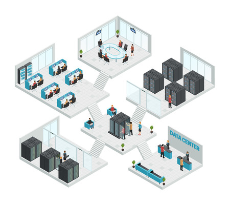 Multistore composition of six isometric datacenter rooms with cloud computing servers office entrance and consultation halls vector illustrationのイラスト素材