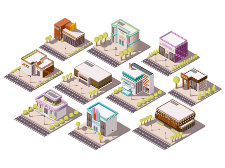 Entertainment places isometric set with theatre and cinema isolated vector illustrationのイラスト素材