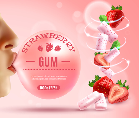 Realistic gum composition with human hands bubblegum with editable text and whirlwind of berries and gum pieces vector illustrationのイラスト素材