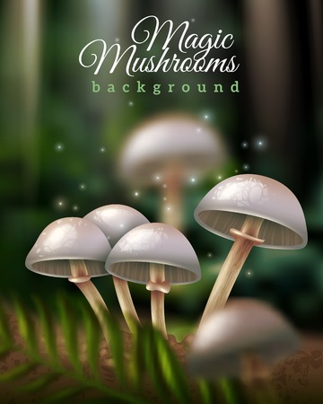 Shiny magic mushrooms growing in forest ground and green leaf on dark blurred background vector illustrationのイラスト素材